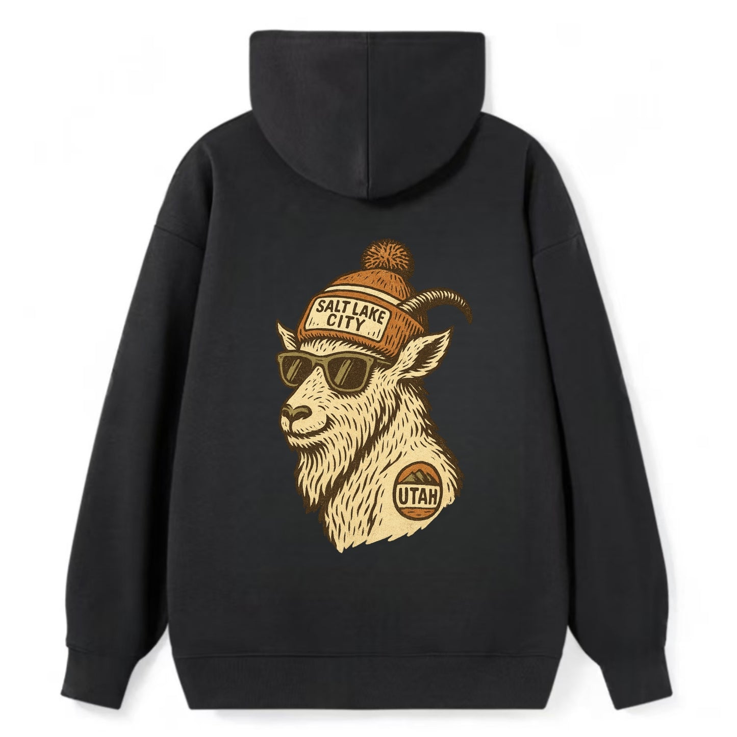 Utah Mountain Goat wearing Salt Lake City beanie with pom pom and - Classic Pullover Hoodie - Black