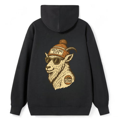 Utah Mountain Goat wearing Salt Lake City beanie with pom pom and - Classic Pullover Hoodie - Black