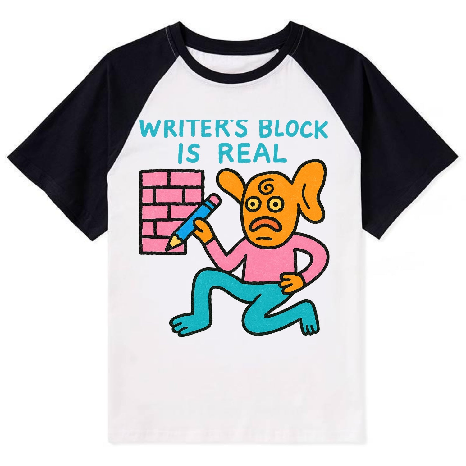 WRITERS BLOCK IS REAL | Brick wall with pencil - Contrast Raglan T-shirt - Black
