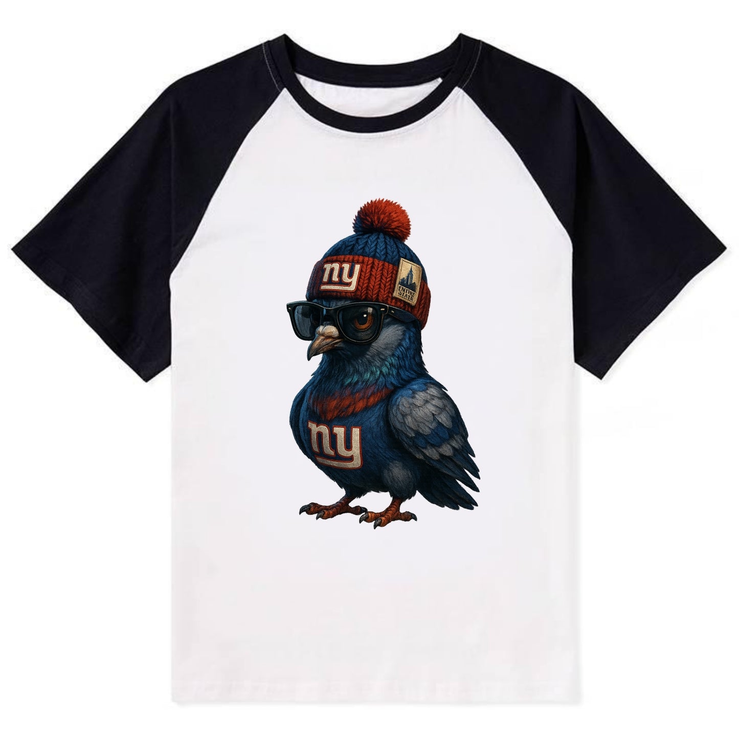 Manhattan Pigeon wearing Giants beanie with Empire State patch and - Contrast Raglan T-shirt - Black