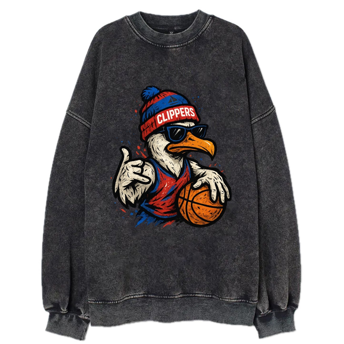LA Seagull wearing Clippers red white and blue beanie with ship patch and - Vintage Sweatshirt - Black