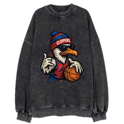 LA Seagull wearing Clippers red white and blue beanie with ship patch and - Vintage Sweatshirt - Black