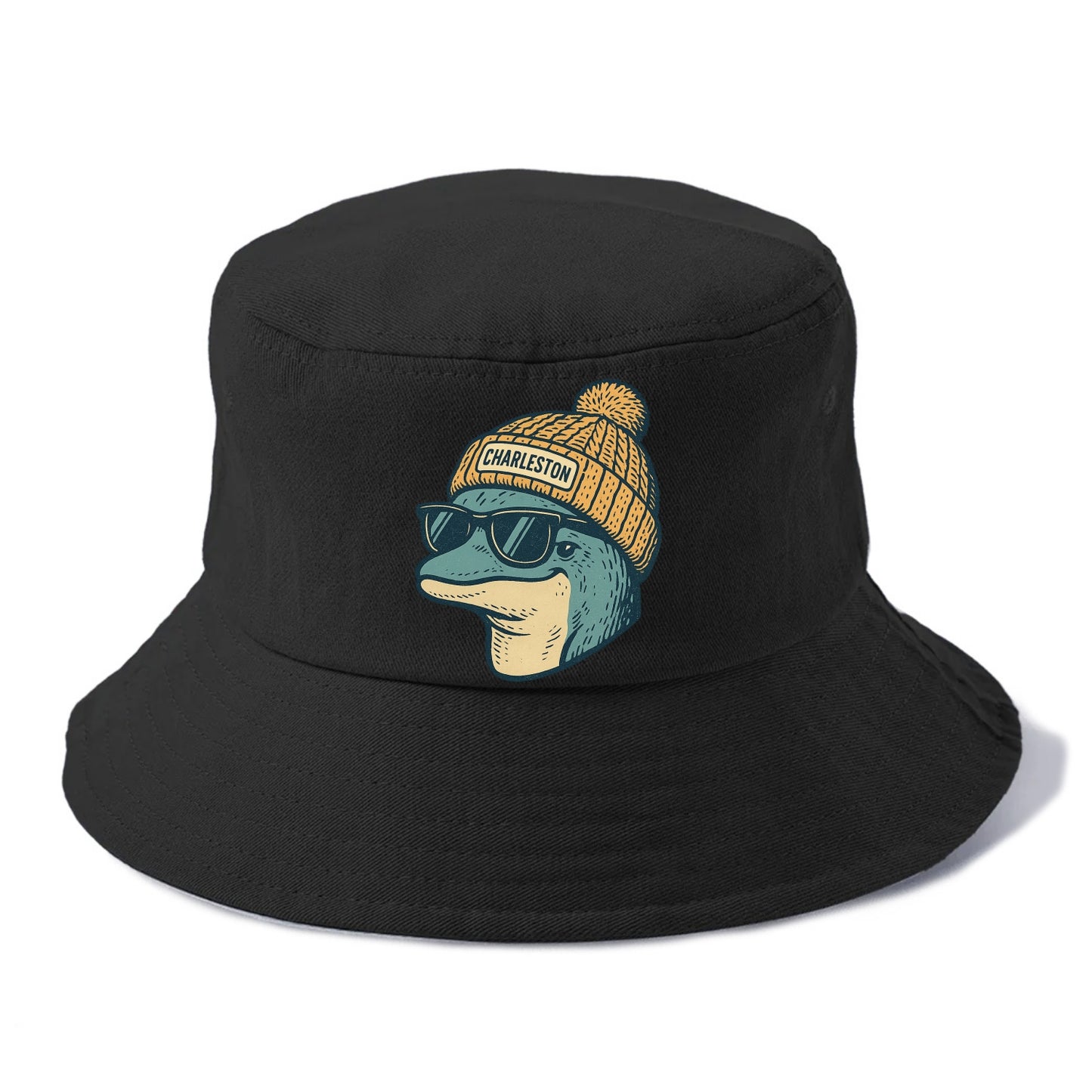 Charleston Dolphin wearing Charleston beanie with pom pom and wayfarer sunglasses - Bucket Hat - Black