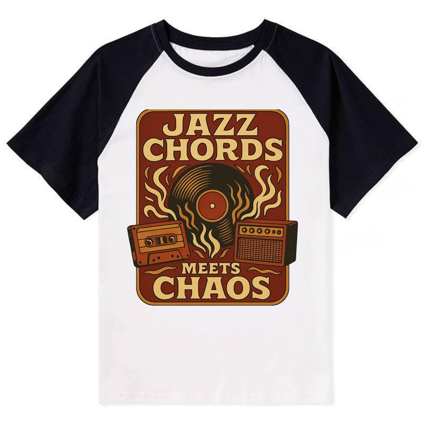 Jazz chords with hyperpop energy - "Jazz Meets Chaos" - unexpected fusion - Contrast Raglan T-shirt - Black