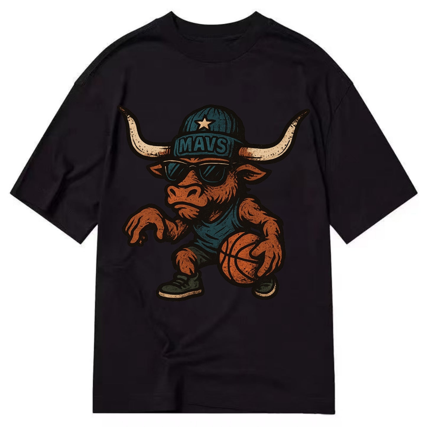 Texas Longhorn wearing Mavs beanie with lone star patch and wayfarer sunglasses - Classic T-shirt - Black