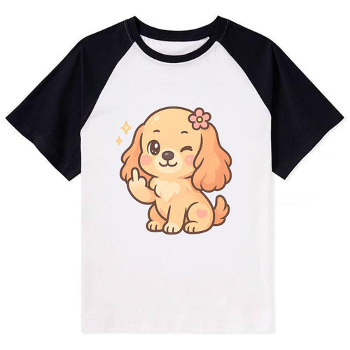 Cocker Spaniel with long wavy ears, gentle face, paw flipping off - Contrast Raglan T-shirt