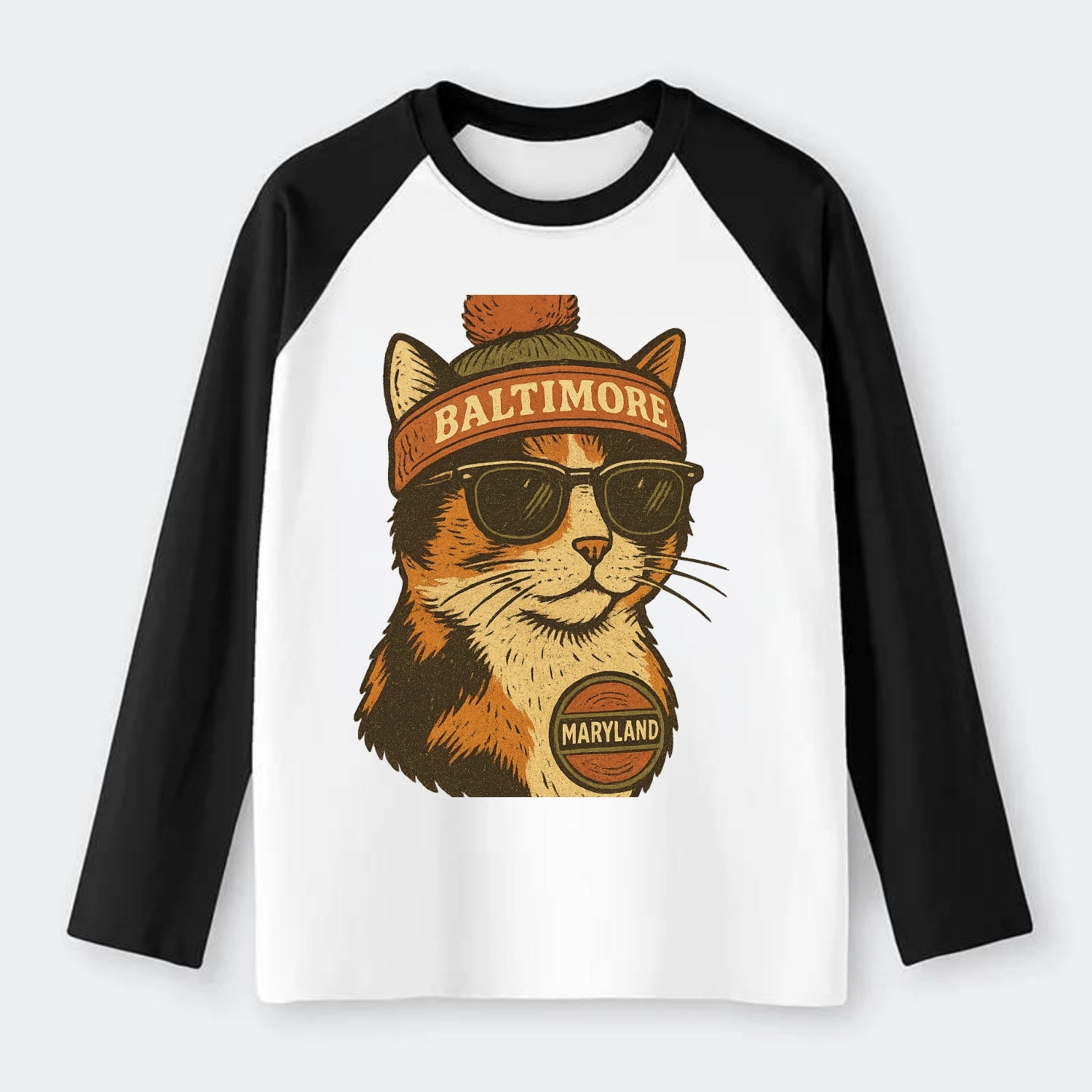 Maryland Calico Cat wearing Baltimore beanie with pom pom and wayfarer - Raglan Long Sleeve T-Shirt - Black