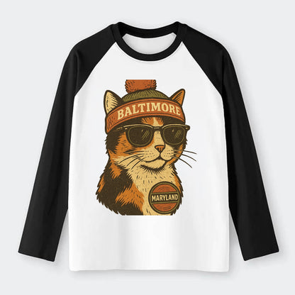 Maryland Calico Cat wearing Baltimore beanie with pom pom and wayfarer - Raglan Long Sleeve T-Shirt - Black