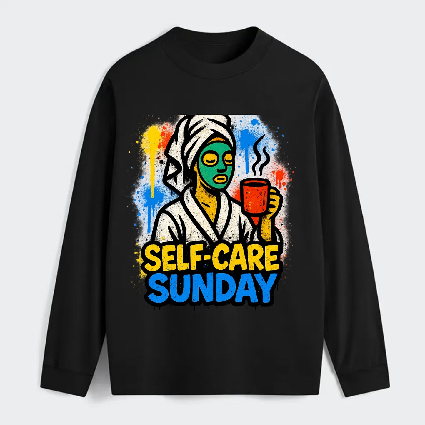 Person in bathrobe with face mask and tea - self-care Sunday ritual, - Classic Long Sleeve Shirt - Black