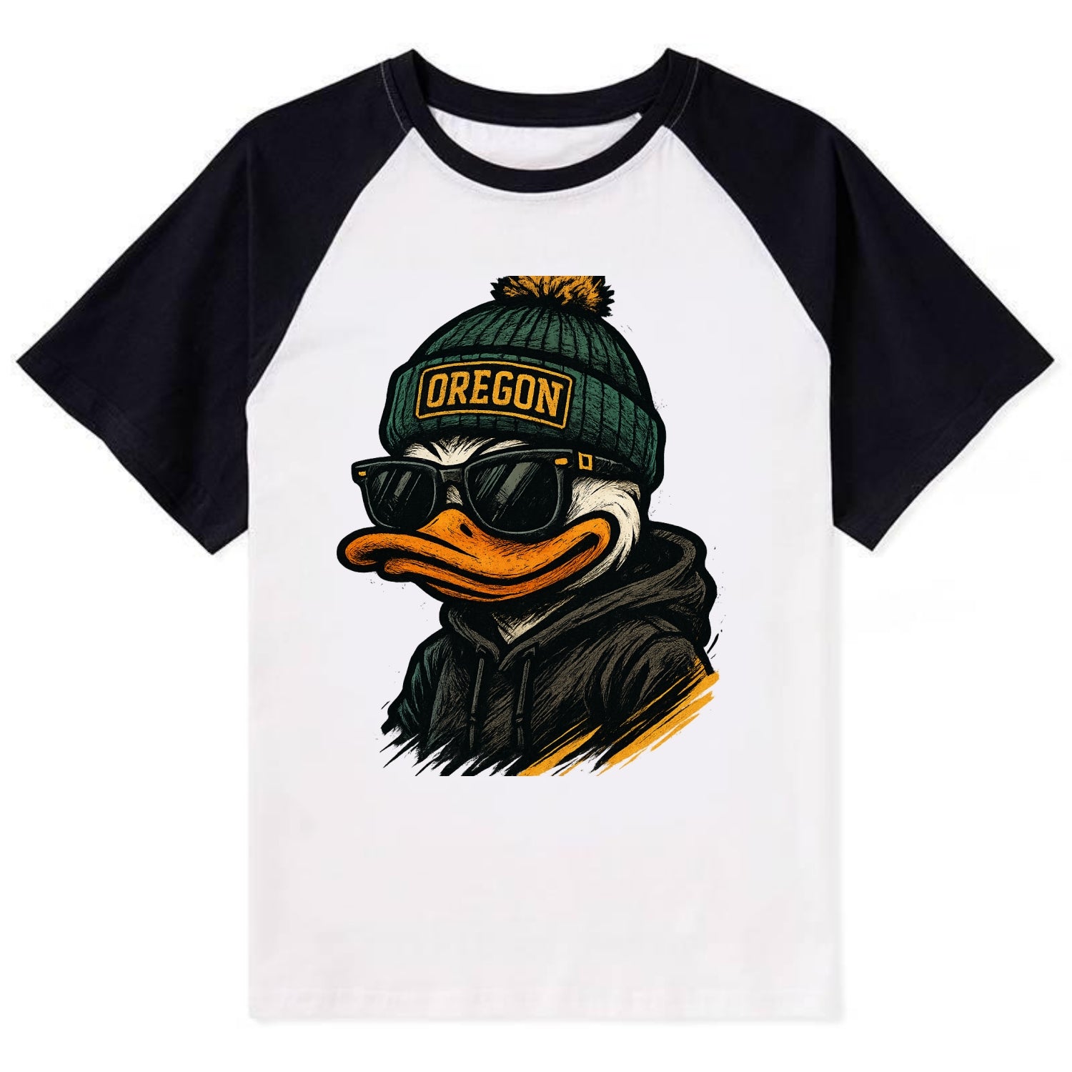 Eugene Duck wearing Oregon beanie with O patch - Contrast Raglan T-shirt - Black