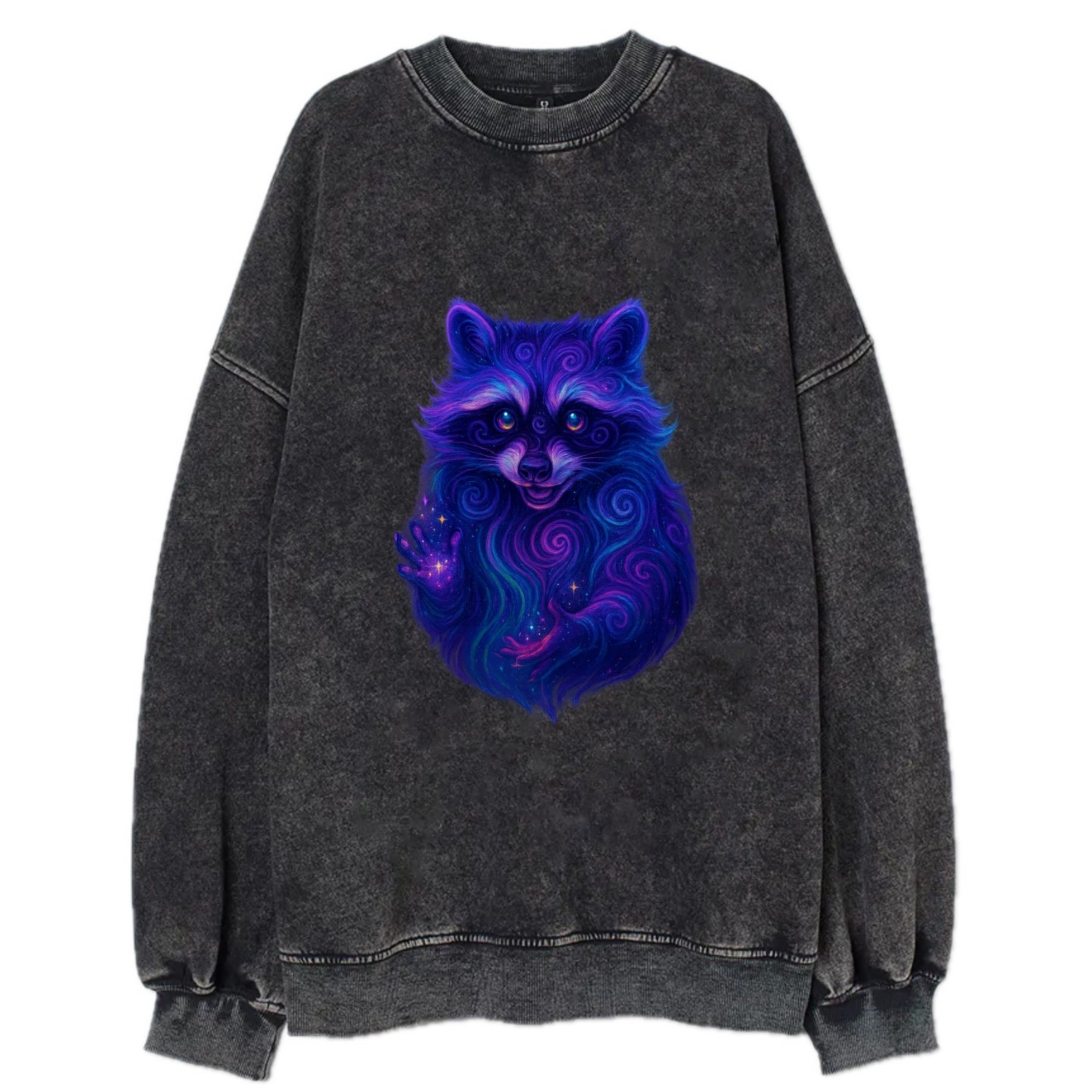 Playful raccoon with mask swirling in hypnotic patterns, neon purple and green - Vintage Sweatshirt - Black
