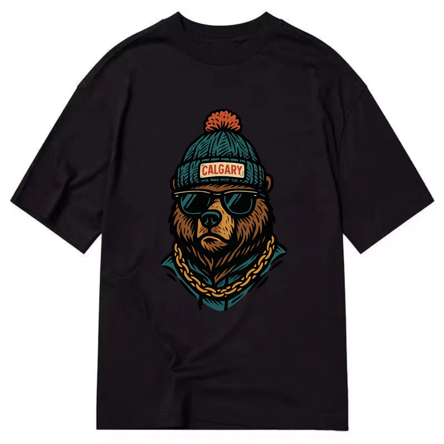 Calgary Grizzly Bear wearing Calgary beanie with pom pom and wayfarer sunglasses - Classic T-shirt - Black
