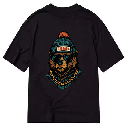 Calgary Grizzly Bear wearing Calgary beanie with pom pom and wayfarer sunglasses - Classic T-shirt - Black