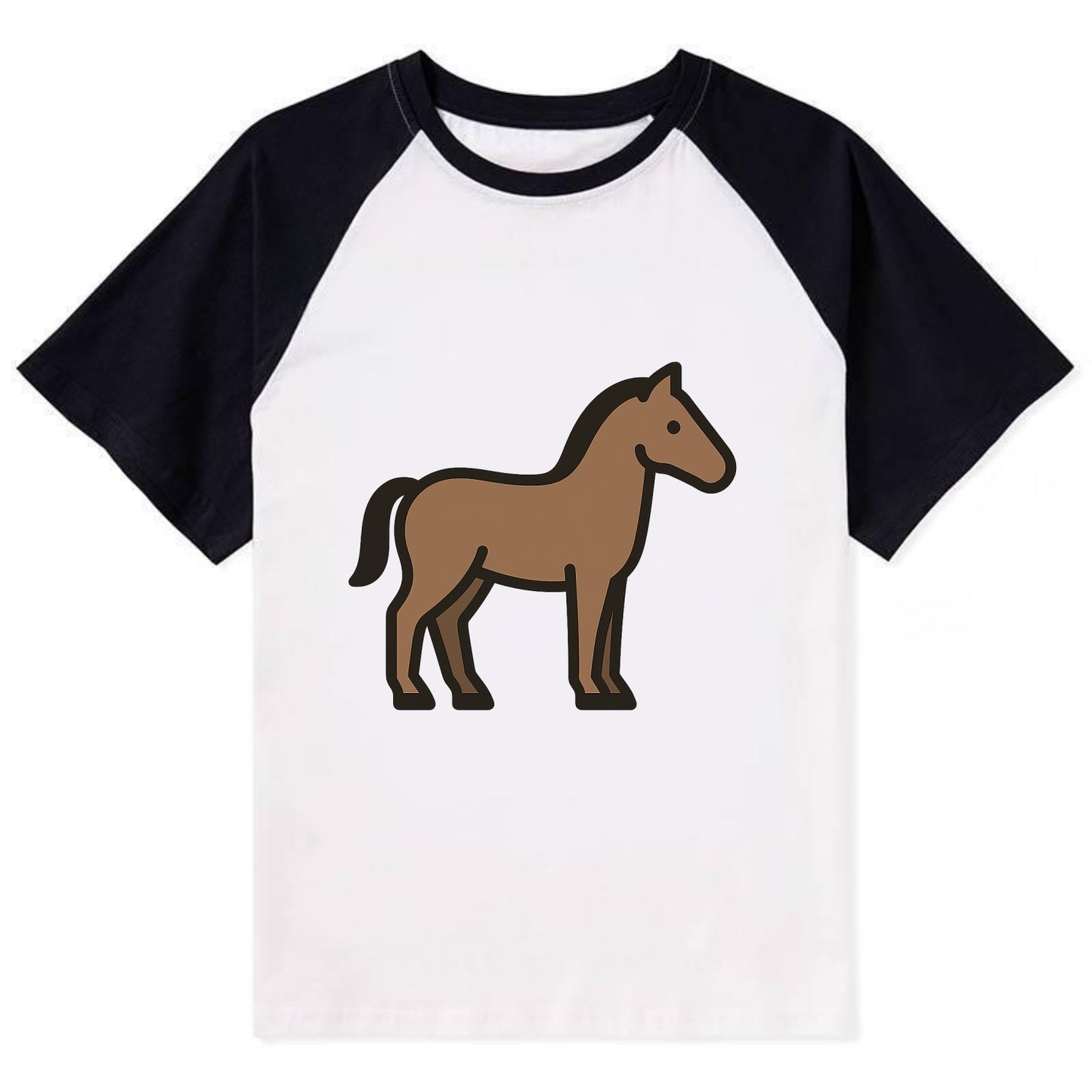 Horse - Brown standing pose flat side profile - Contrast Raglan T-shirt - Black