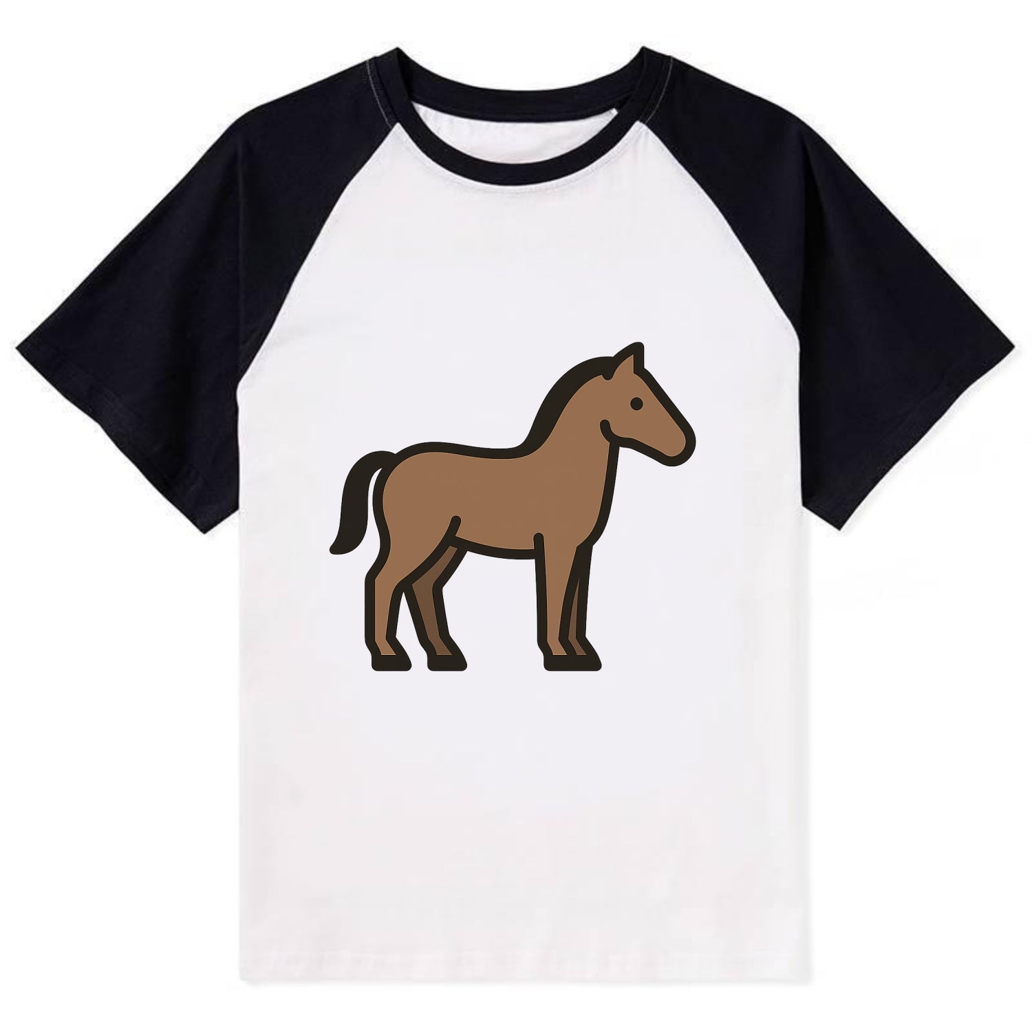 Horse - Brown standing pose flat side profile - Contrast Raglan T-shirt - Black