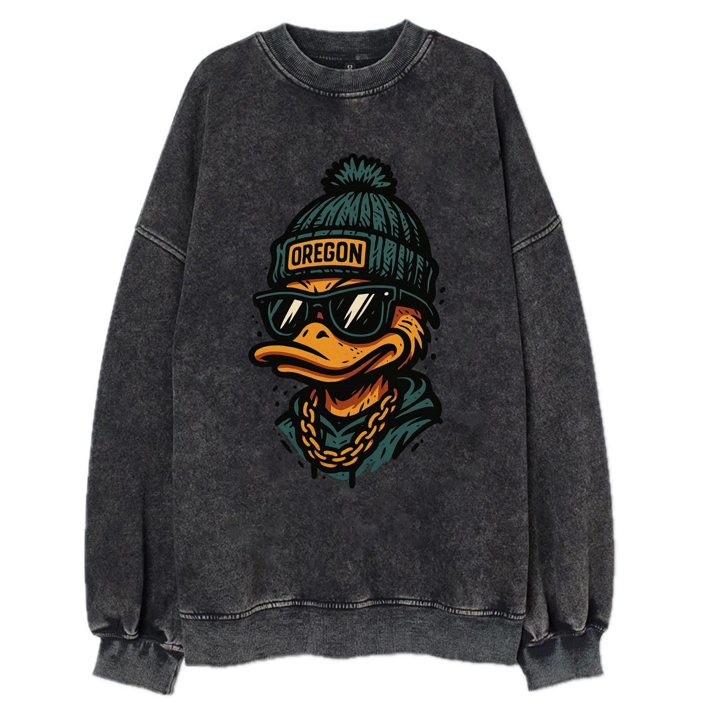 Eugene Duck wearing Oregon beanie with p - Vintage Sweatshirt - Black