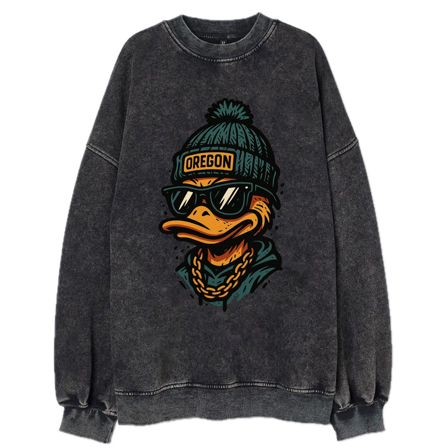 Eugene Duck wearing Oregon beanie with p - Vintage Sweatshirt - Black