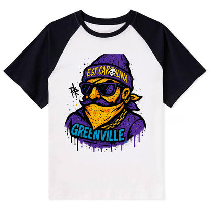 Greenville Pirate wearing East Carolina beanie with skull patch - Contrast Raglan T-shirt - Black