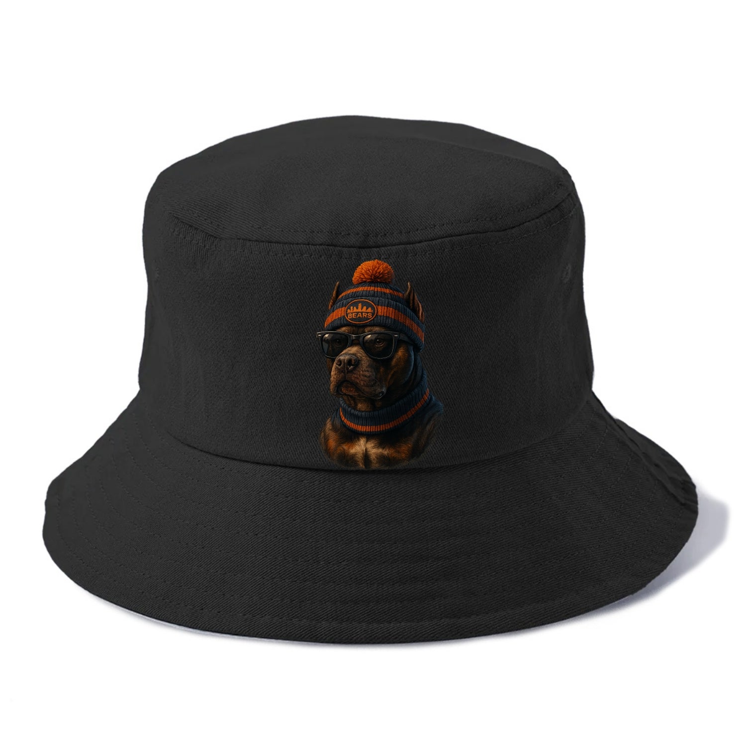 Chicago Pitbull wearing Bears beanie with skyline patch and wayfarer sunglasses - Bucket Hat - Black