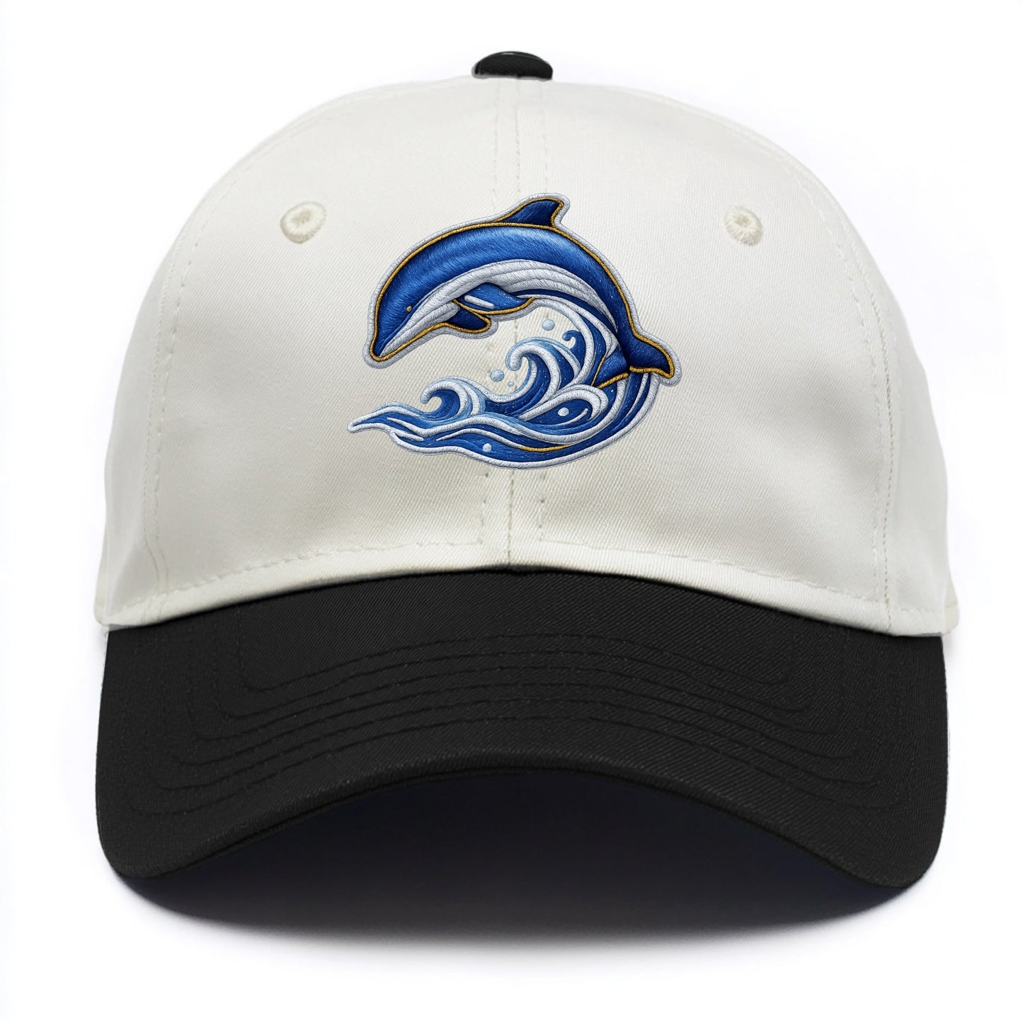 Embroidered patch design - SWIMMING DOLPHIN - diving dolphin with waves in blue and - Two Tone Cap - Black