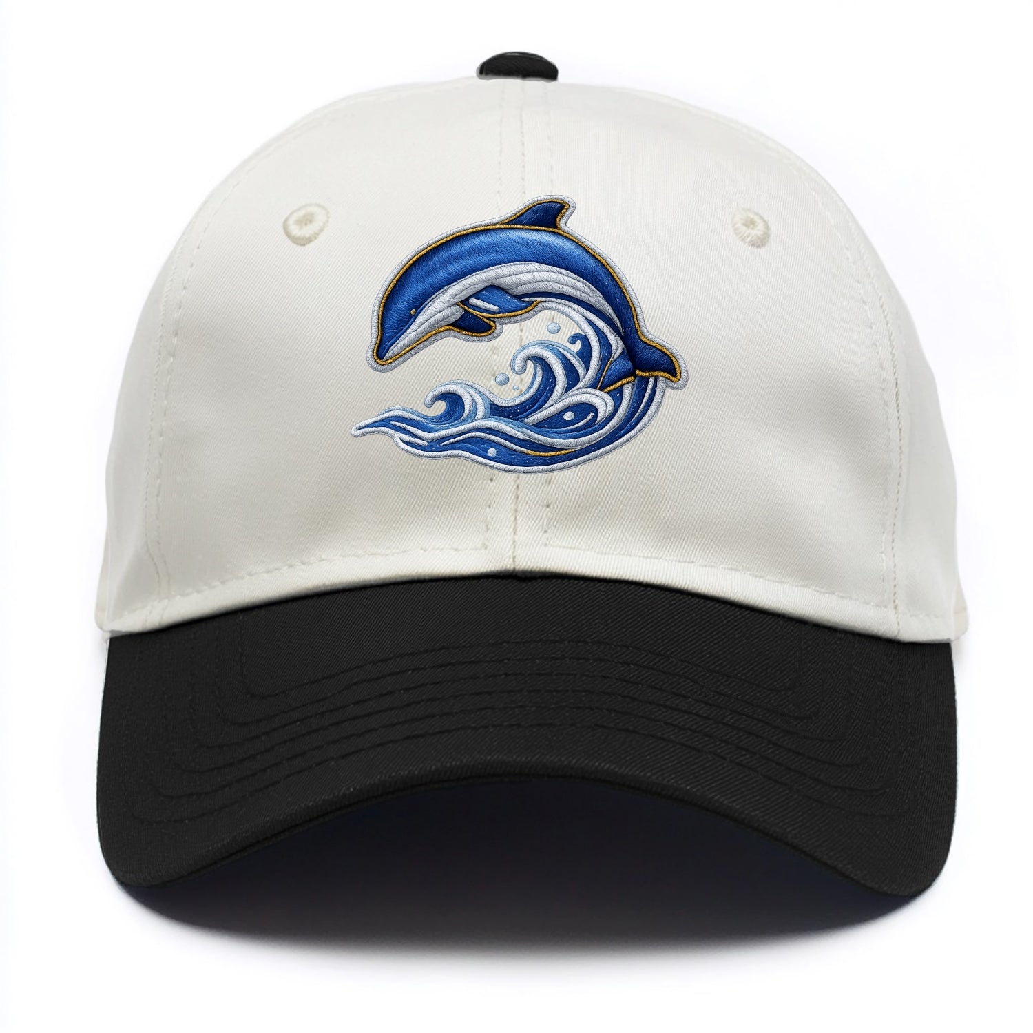 Embroidered patch design - SWIMMING DOLPHIN - diving dolphin with waves in blue and - Two Tone Cap - Black