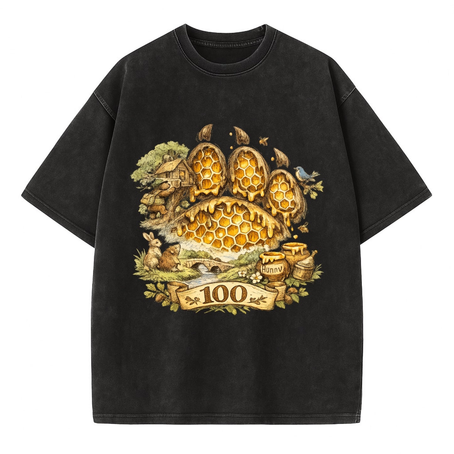 HONEY PAW | Bear paw print filled with honeycomb | Sticky evidence | Forest - Vintage T-shirt - Black