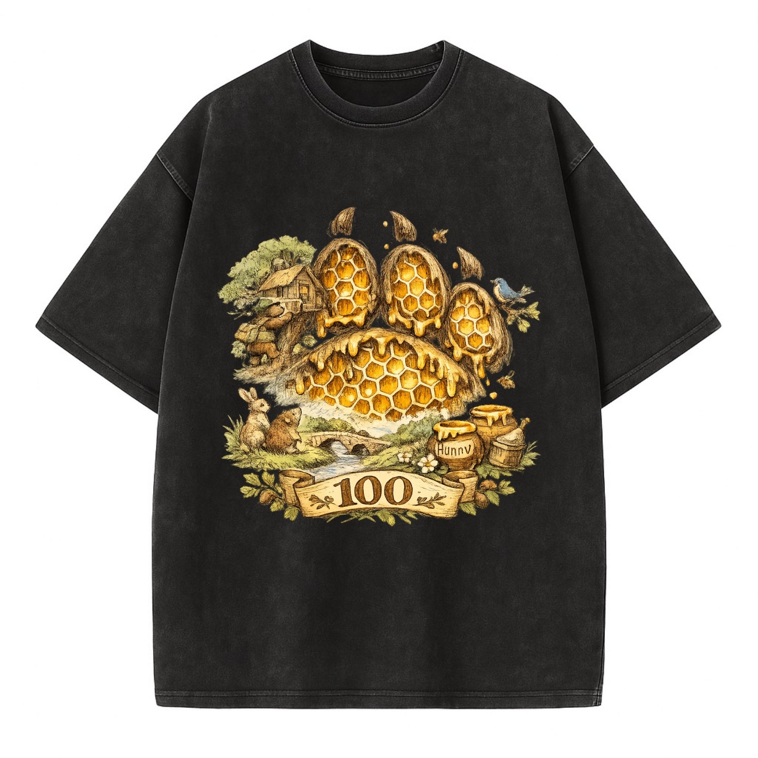 HONEY PAW | Bear paw print filled with honeycomb | Sticky evidence | Forest - Vintage T-shirt - Black
