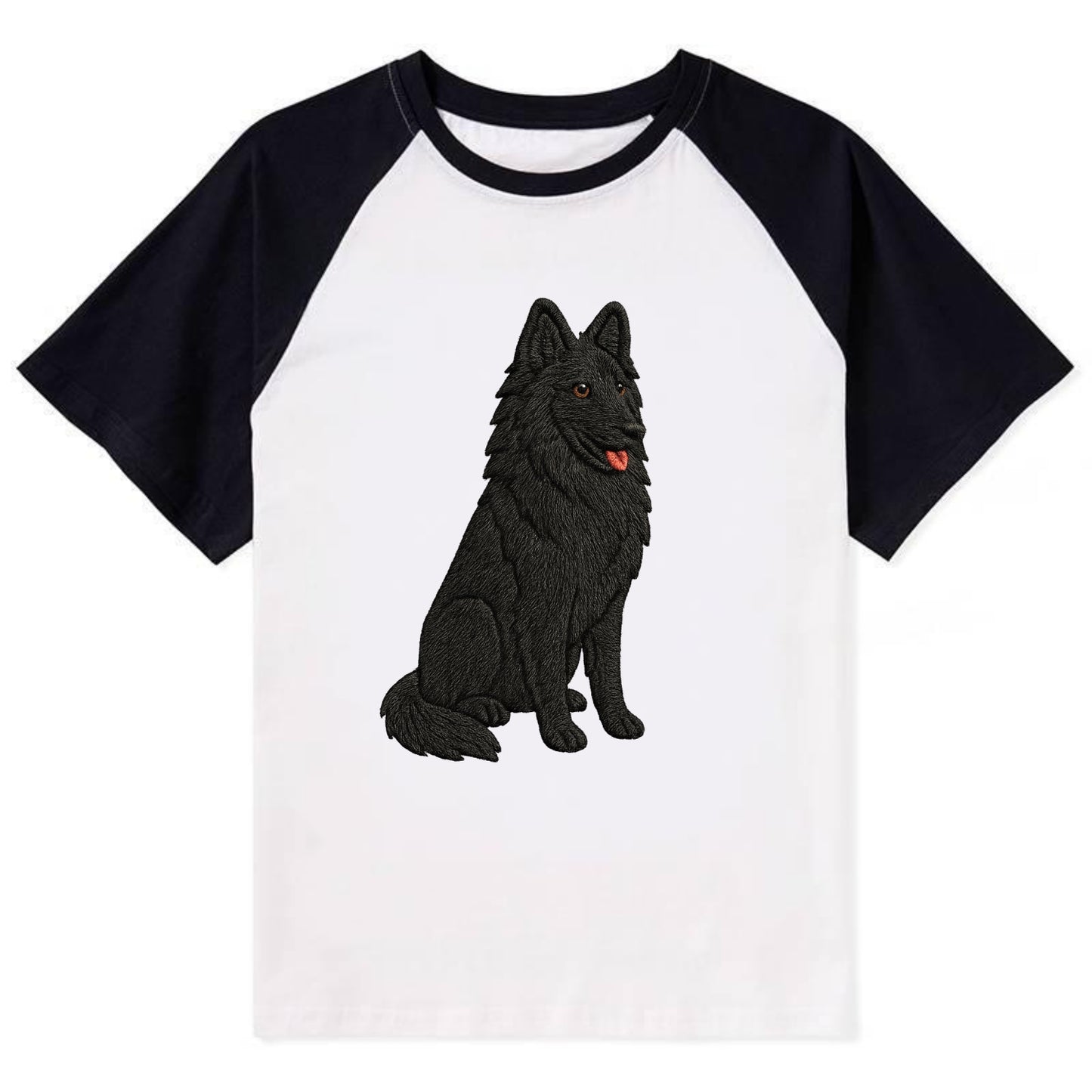 Belgian Sheepdog - Black long-haired embroidered pose - Contrast Raglan T-shirt - Black