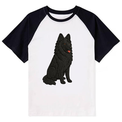 Belgian Sheepdog - Black long-haired embroidered pose - Contrast Raglan T-shirt - Black