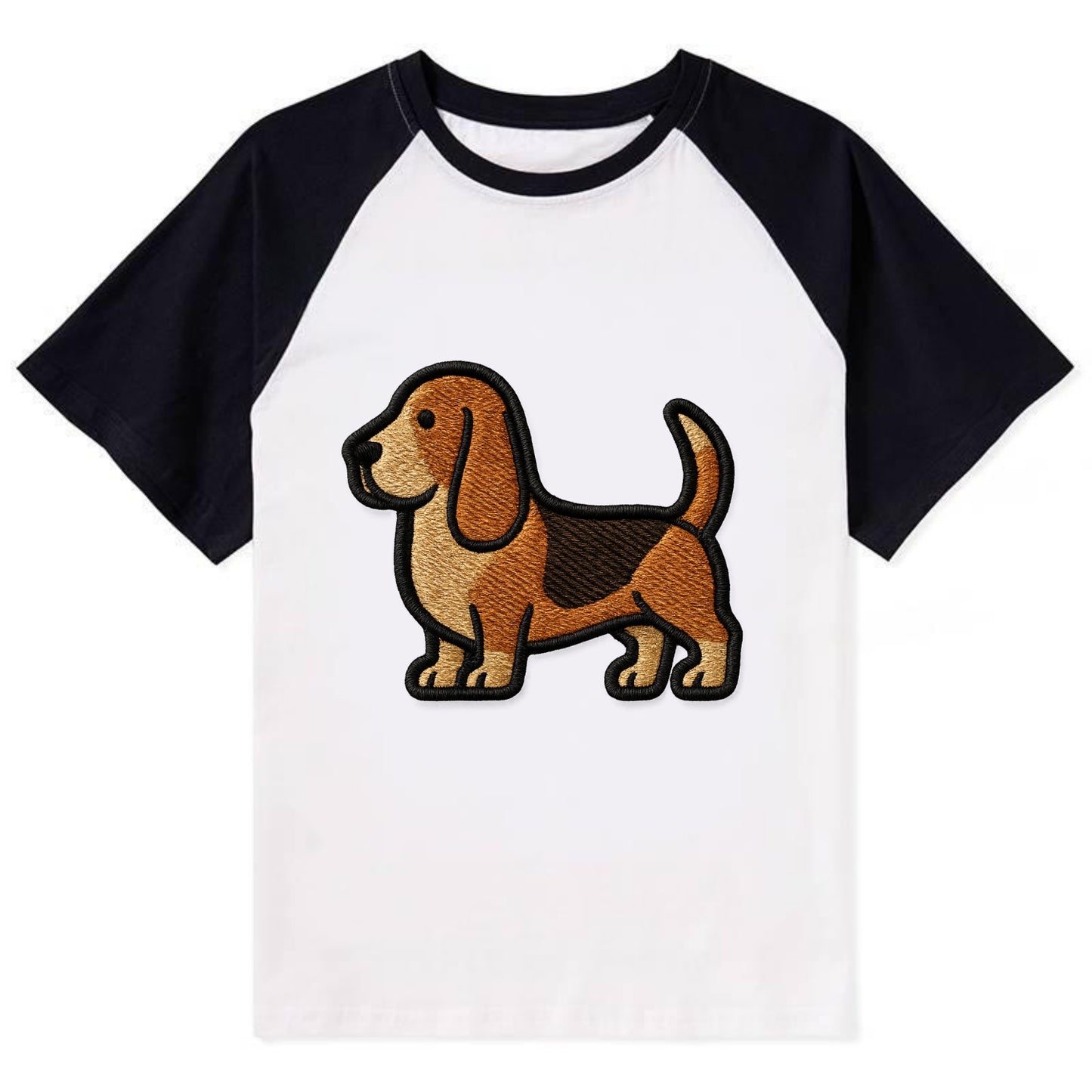Basset Hound - Trendy low-rider design with prominent black outline - Contrast Raglan T-shirt - Black
