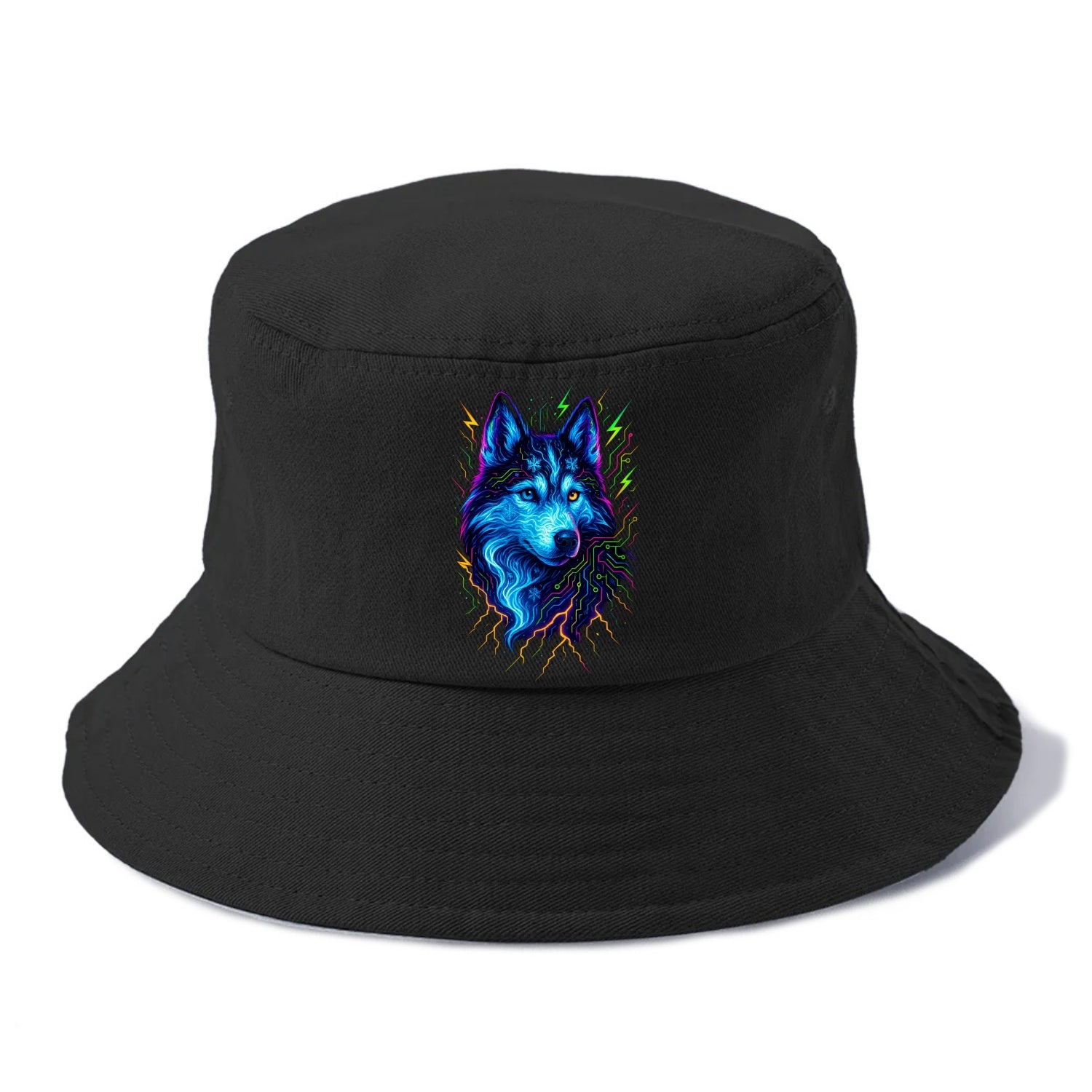 Siberian husky with ice-crystal flowing patterns, electric blue and white swirls, - Bucket Hat - Black