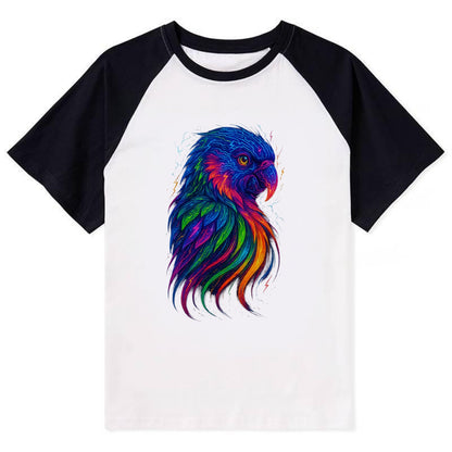 Vibrant parrot with feathers flowing into tropical rainbow streams, every - Contrast Raglan T-shirt - Black
