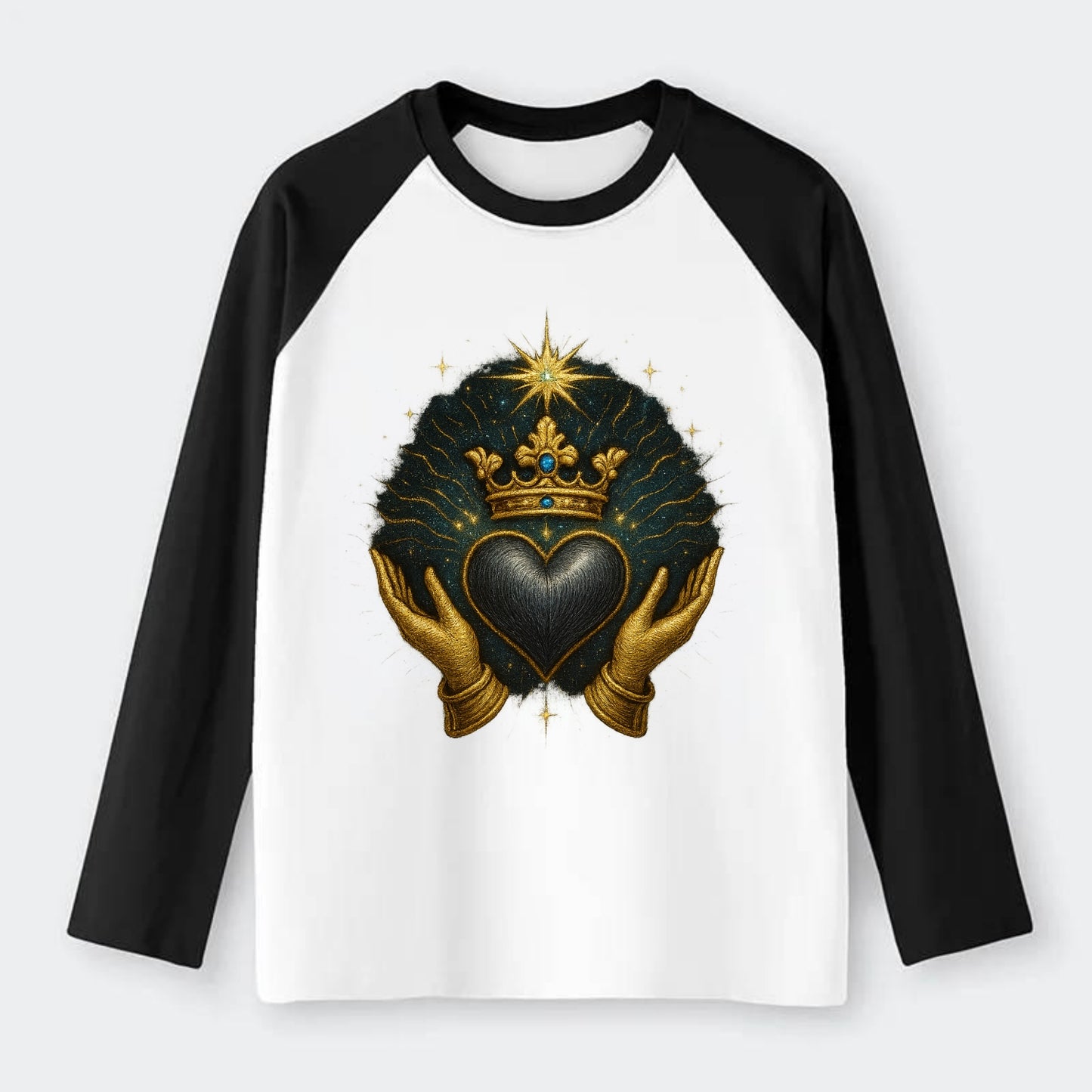 Pearl-studded tiara atop a satin-gunmetal heart supported by elegant - Raglan Long Sleeve T-Shirt - Black