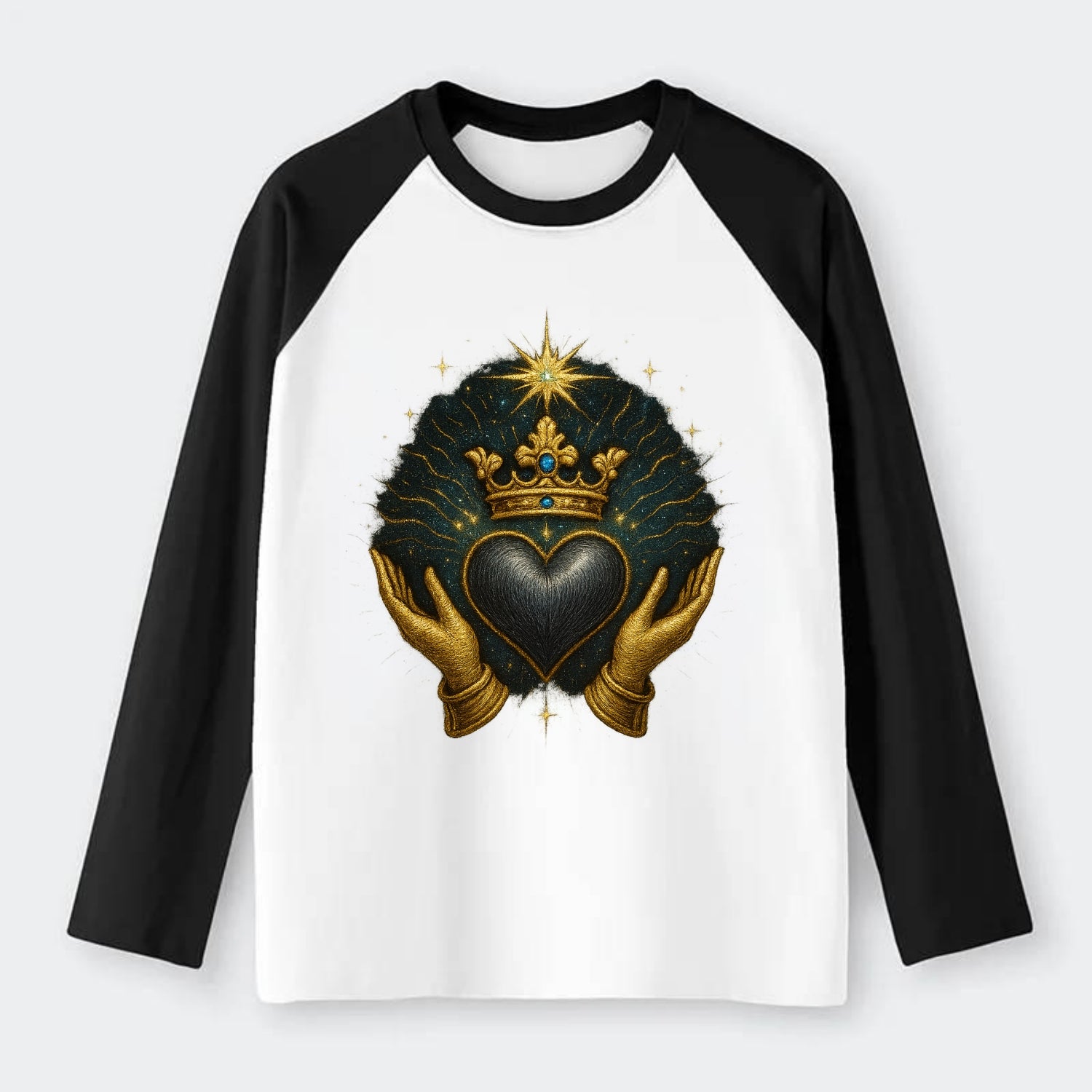 Pearl-studded tiara atop a satin-gunmetal heart supported by elegant - Raglan Long Sleeve T-Shirt - Black
