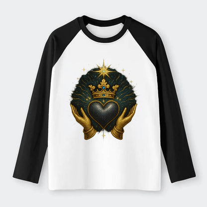Pearl-studded tiara atop a satin-gunmetal heart supported by elegant - Raglan Long Sleeve T-Shirt - Black