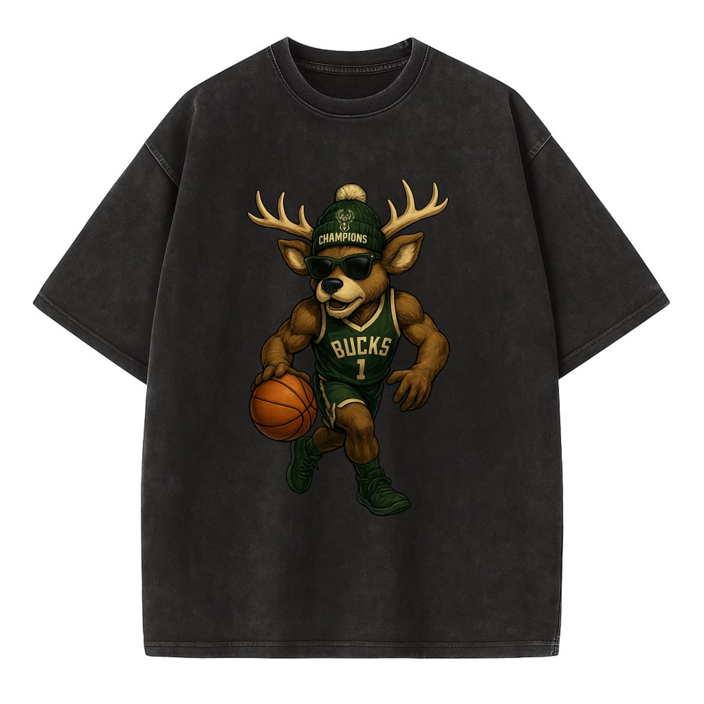 Milwaukee Buck Deer wearing Bucks green and cream beanie with antlers and - Vintage T-shirt - Black