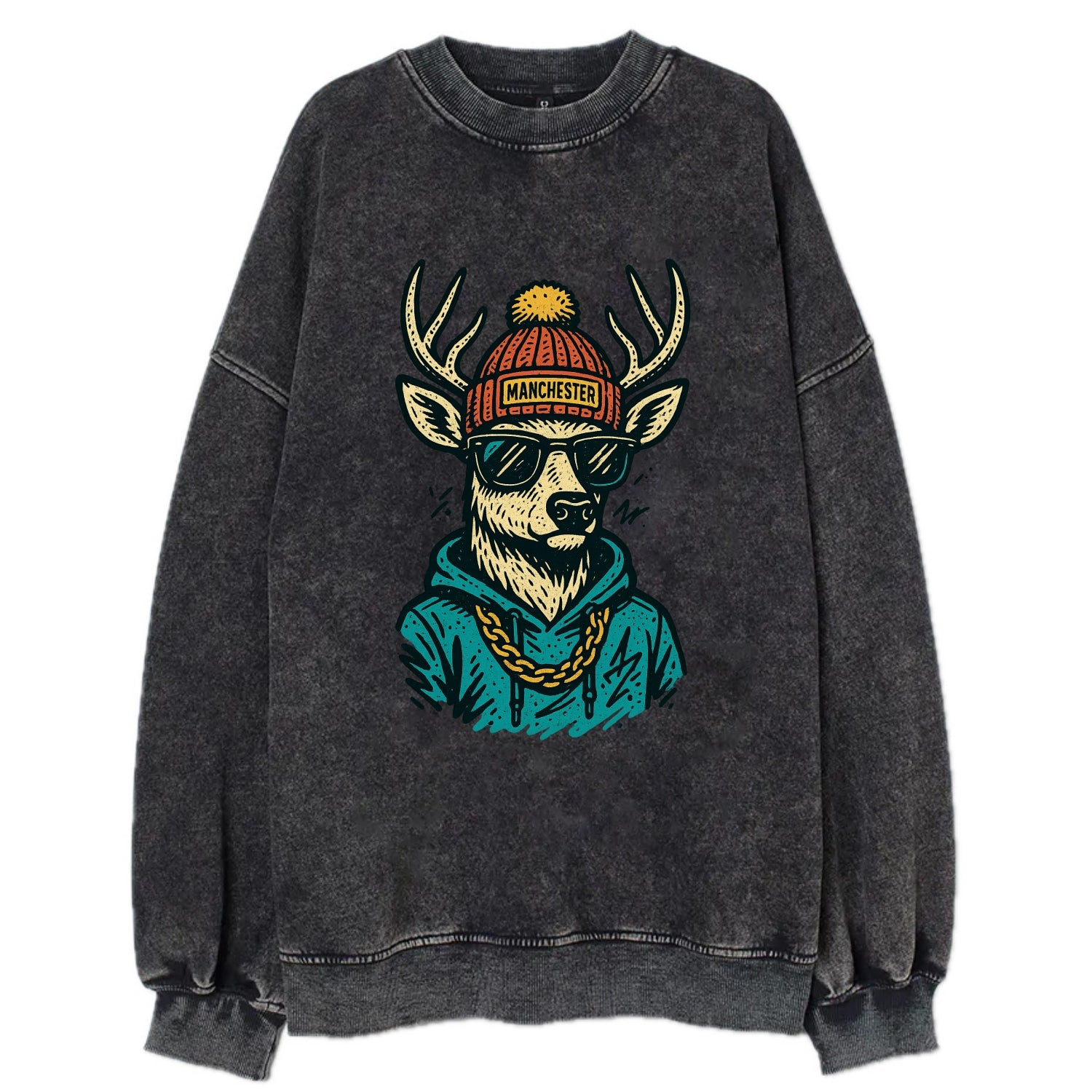 New Hampshire White-tailed Deer wearing Manchester beanie with pom pom and - Vintage Sweatshirt - Black