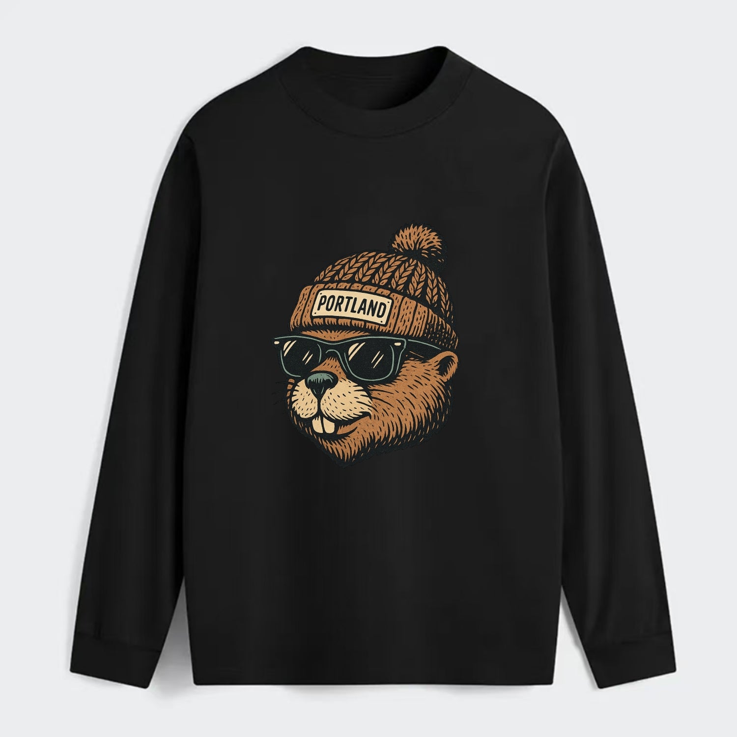 Portland Beaver wearing Portland beanie with pom pom and wayfarer - Classic Long Sleeve Shirt - Black