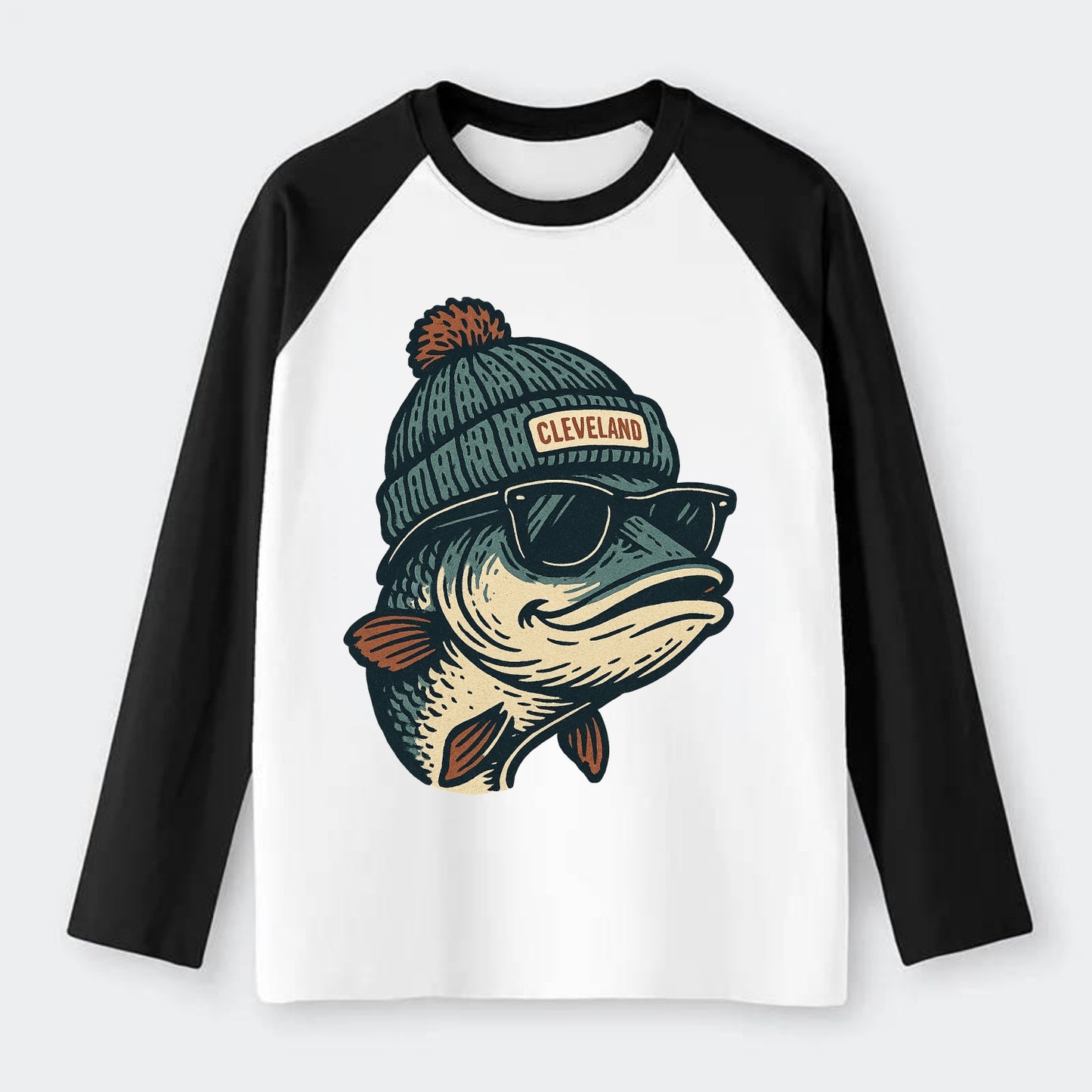 Cleveland Lake Erie Walleye wearing Cleveland beanie with pom pom and - Raglan Long Sleeve T-Shirt - Black