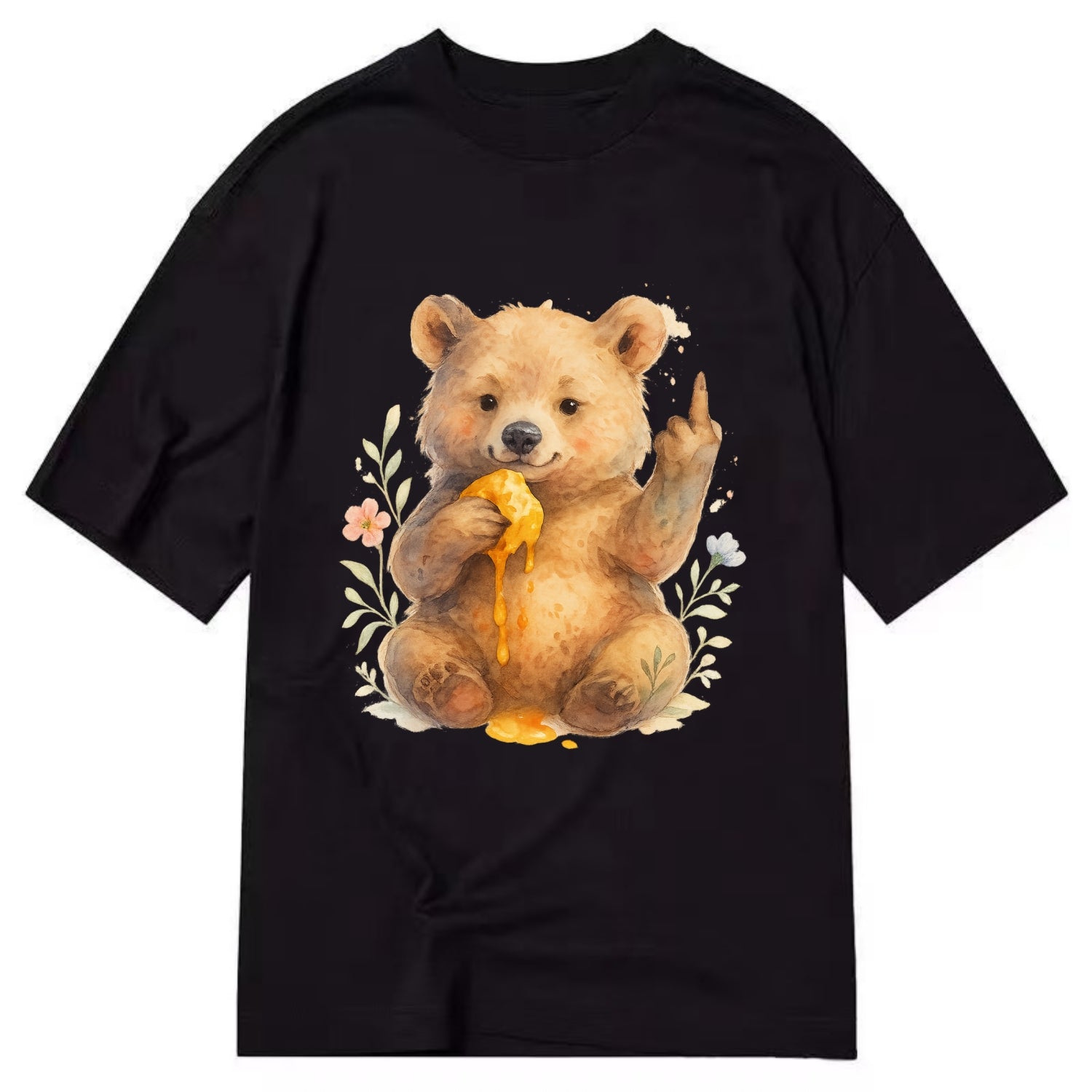 chubby bear cub eating dripping honey, sticky paw up with middle finger - Classic T-shirt - Black