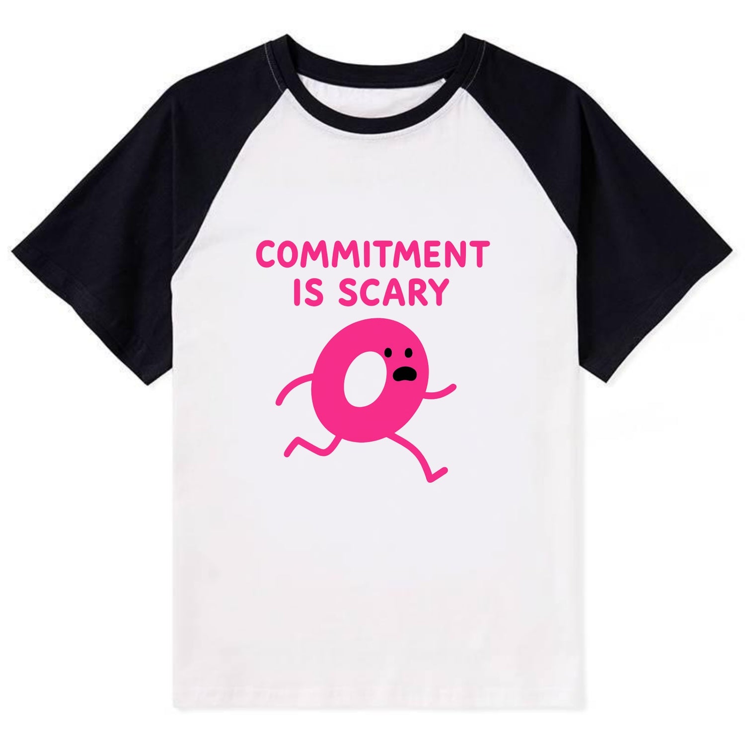 COMMITMENT IS SCARY | Terrified ring running away - Contrast Raglan T-shirt - Black
