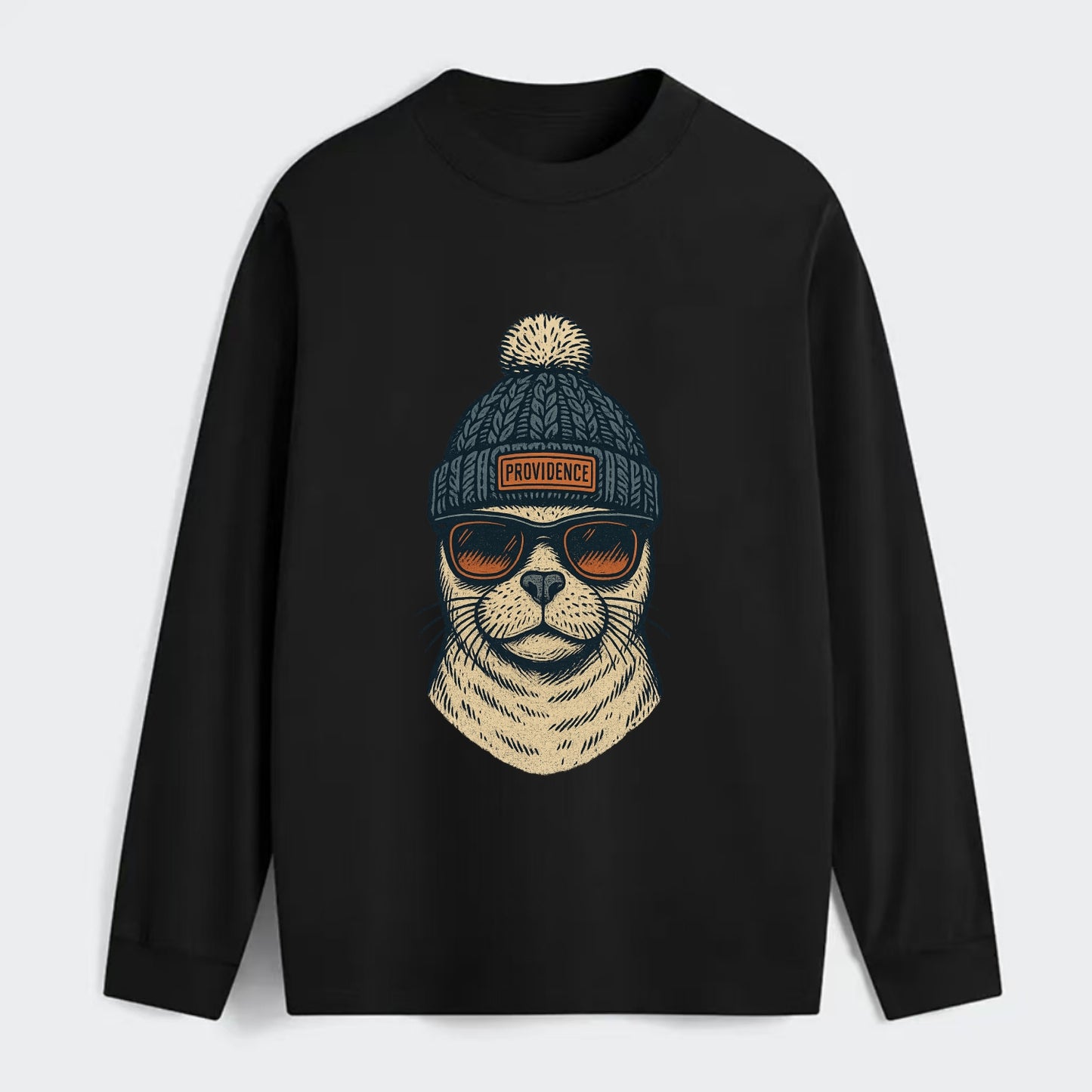 Rhode Island Harbor Seal wearing Providence beanie with pom pom and - Classic Long Sleeve Shirt - Black