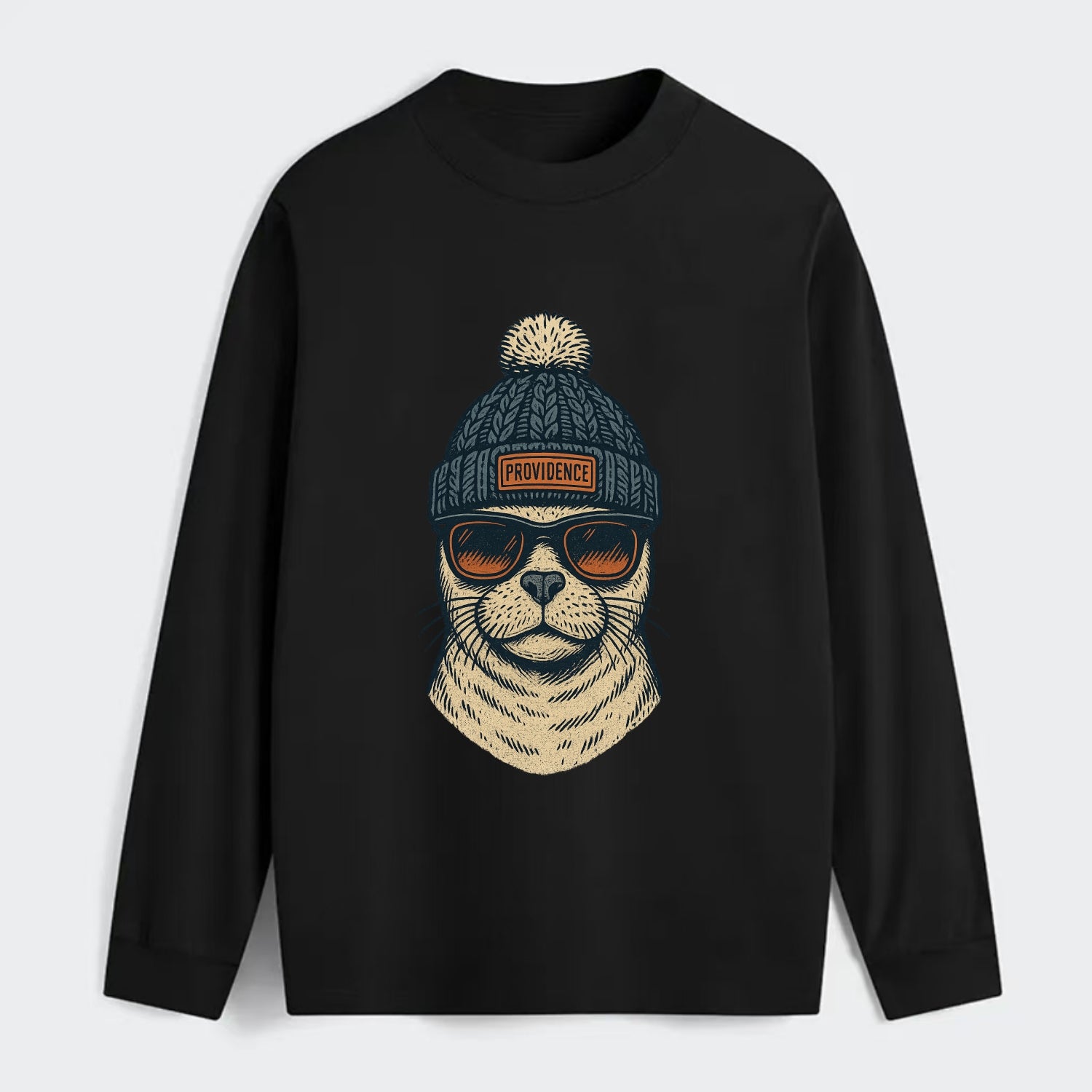 Rhode Island Harbor Seal wearing Providence beanie with pom pom and - Classic Long Sleeve Shirt - Black