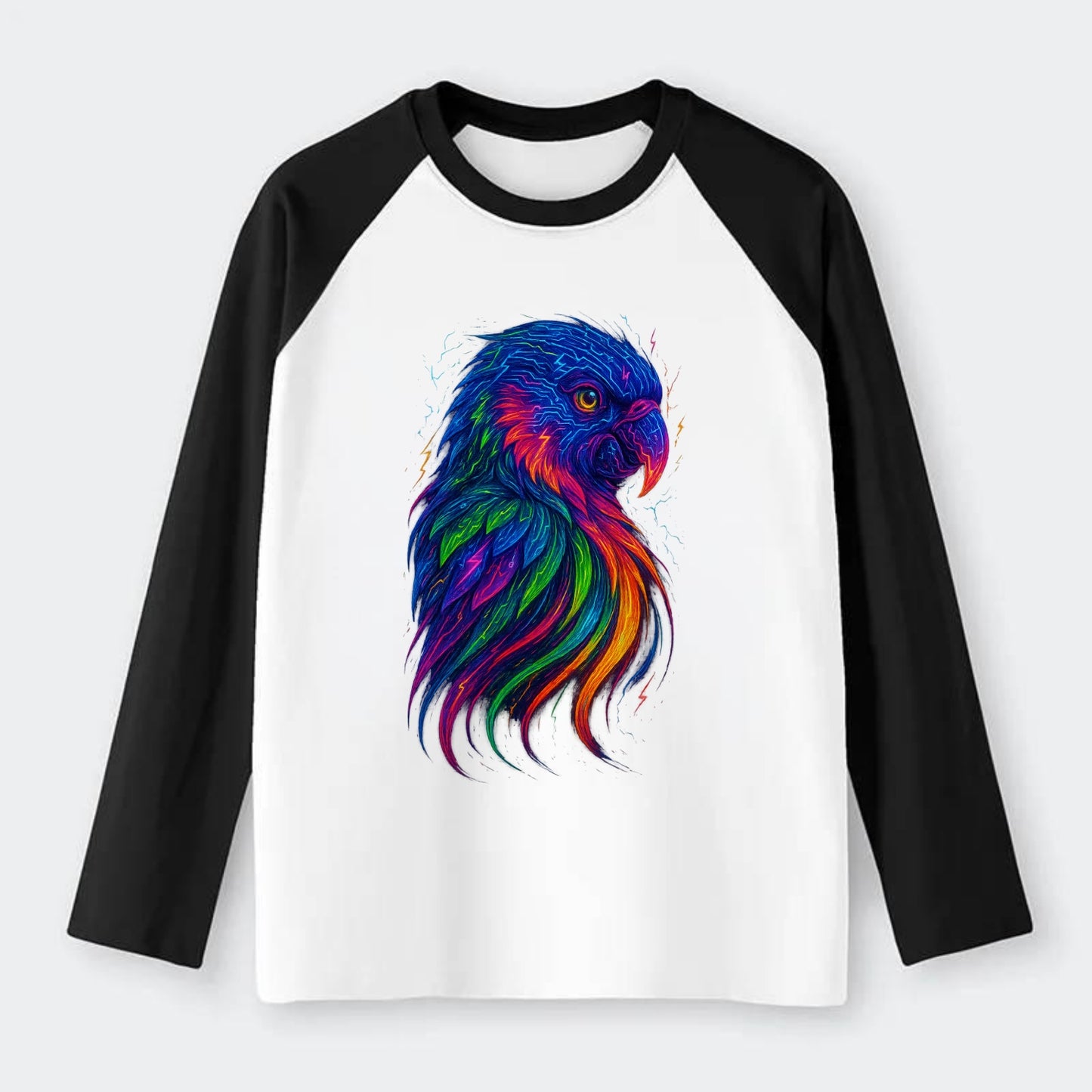 Vibrant parrot with feathers flowing into tropical rainbow streams, - Raglan Long Sleeve T-Shirt - Black