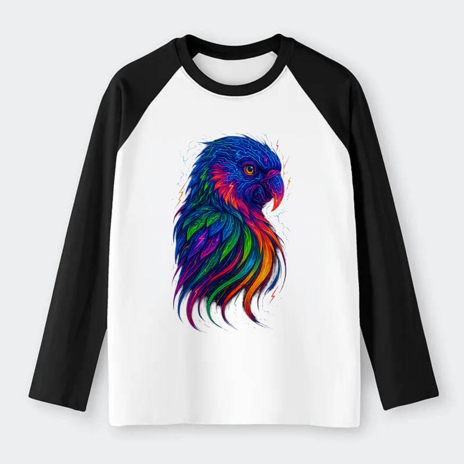 Vibrant parrot with feathers flowing into tropical rainbow streams, - Raglan Long Sleeve T-Shirt - Black