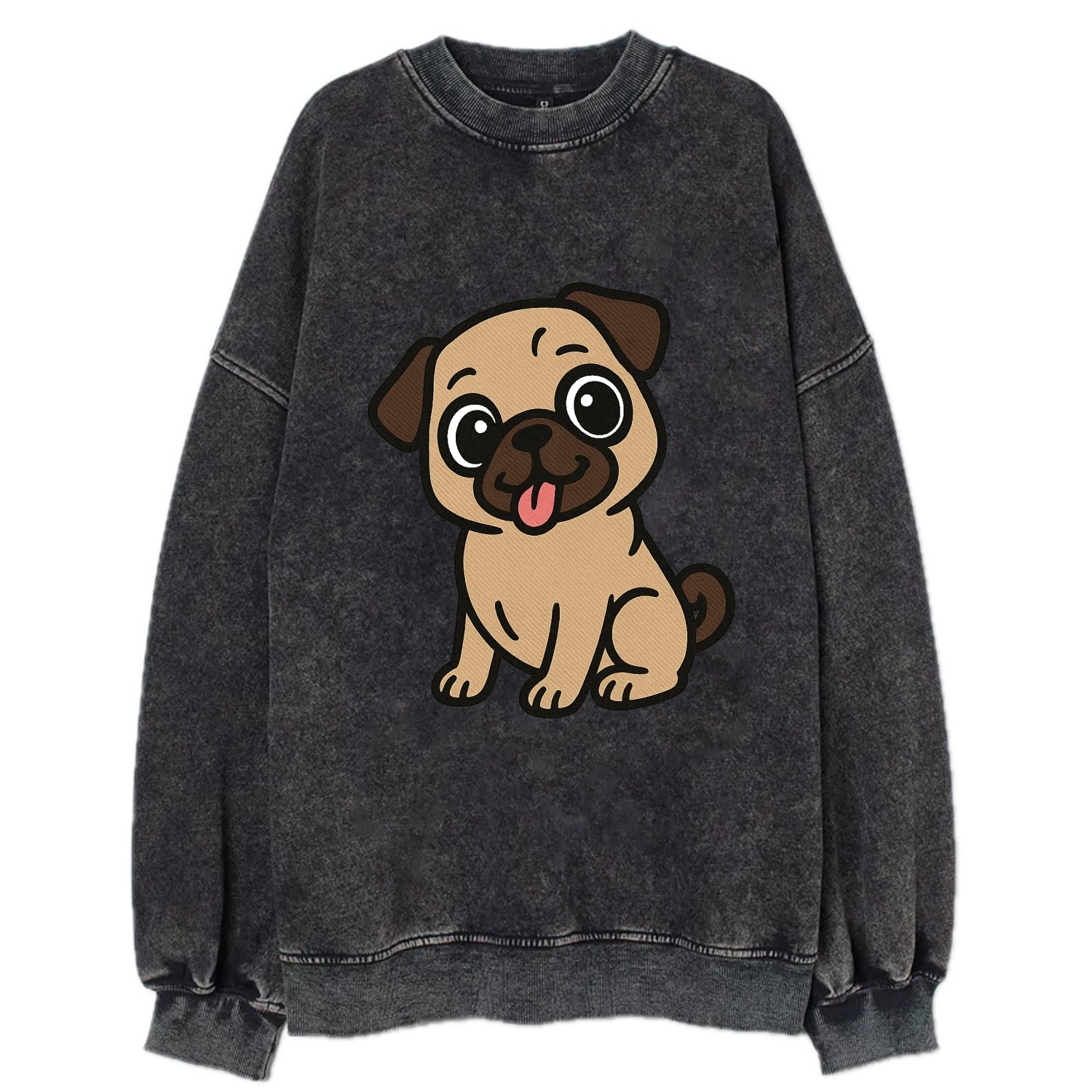 Pug - Tilted head with tongue out - Vintage Sweatshirt - Black