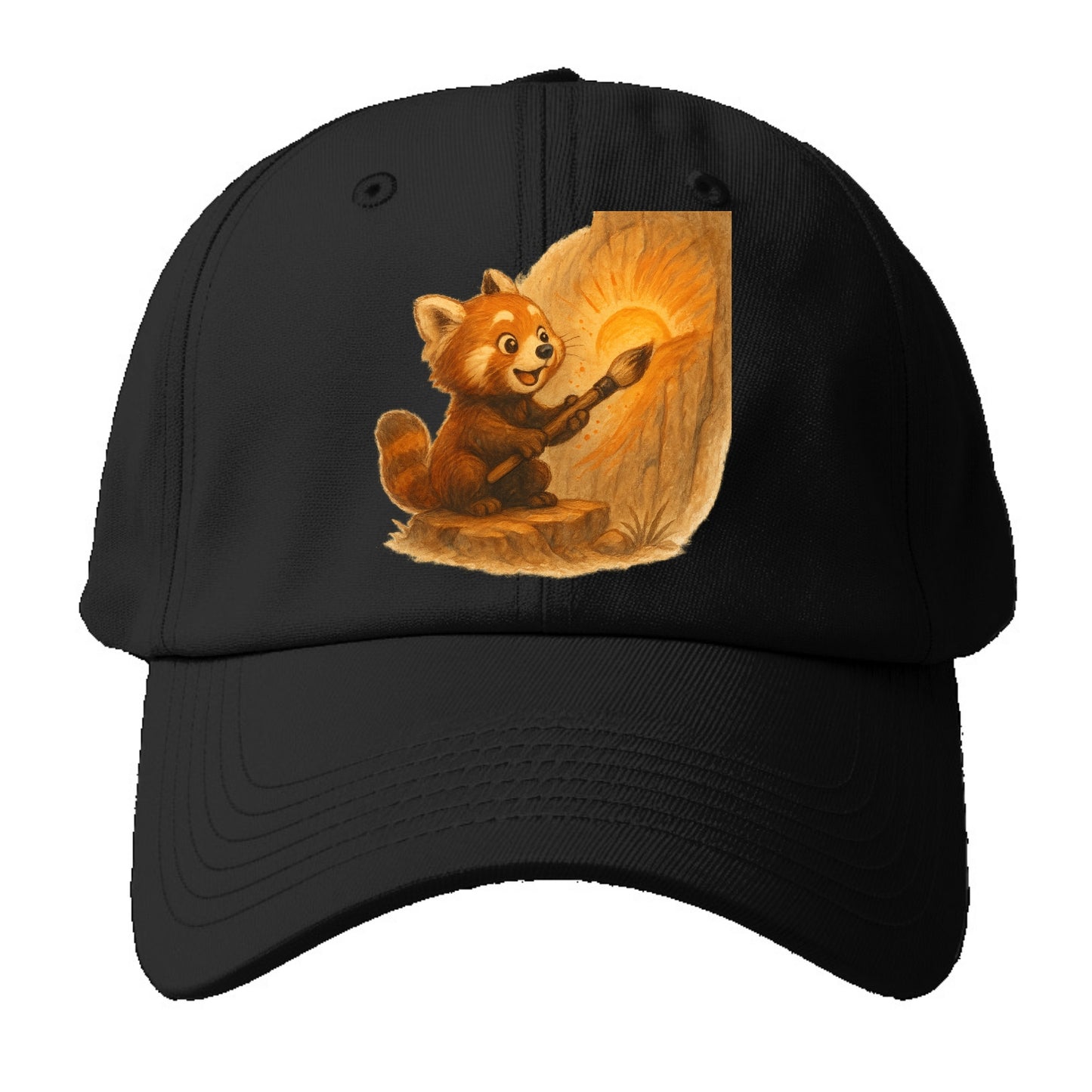 Red panda painting a sunrise mural with an oversized calligraphy brush on a cliff - Baseball Cap - Black