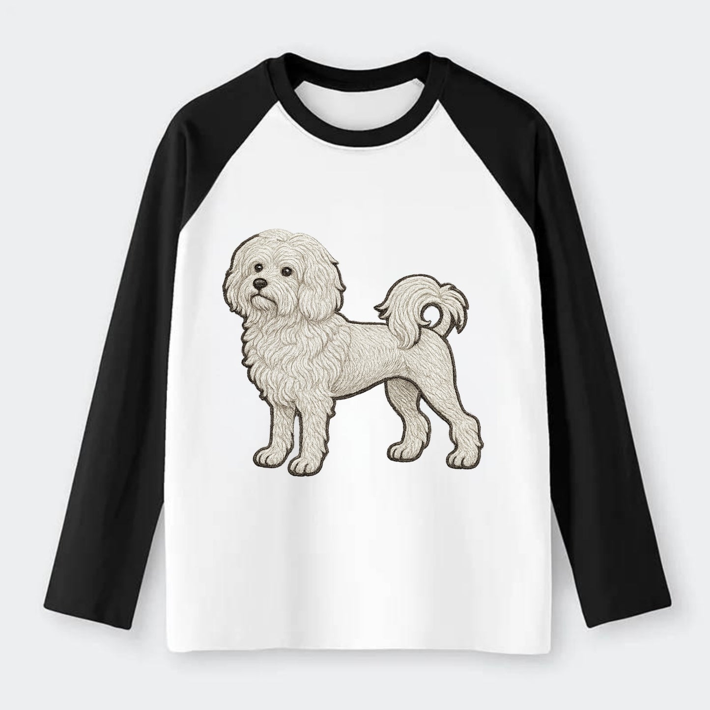 Löwchen - Little Lion Dog white embroidered pose - Raglan Long Sleeve T-Shirt - Black