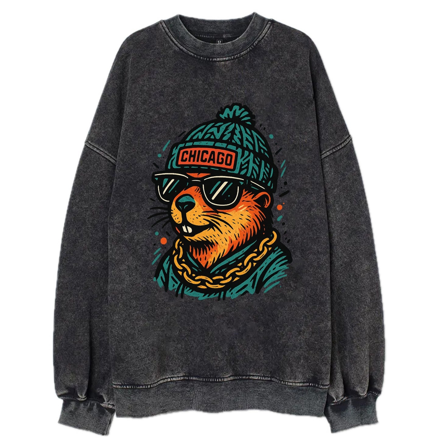 Illinois Prairie Dog wearing Chicago beanie with pom pom and wayfarer - Vintage Sweatshirt - Black