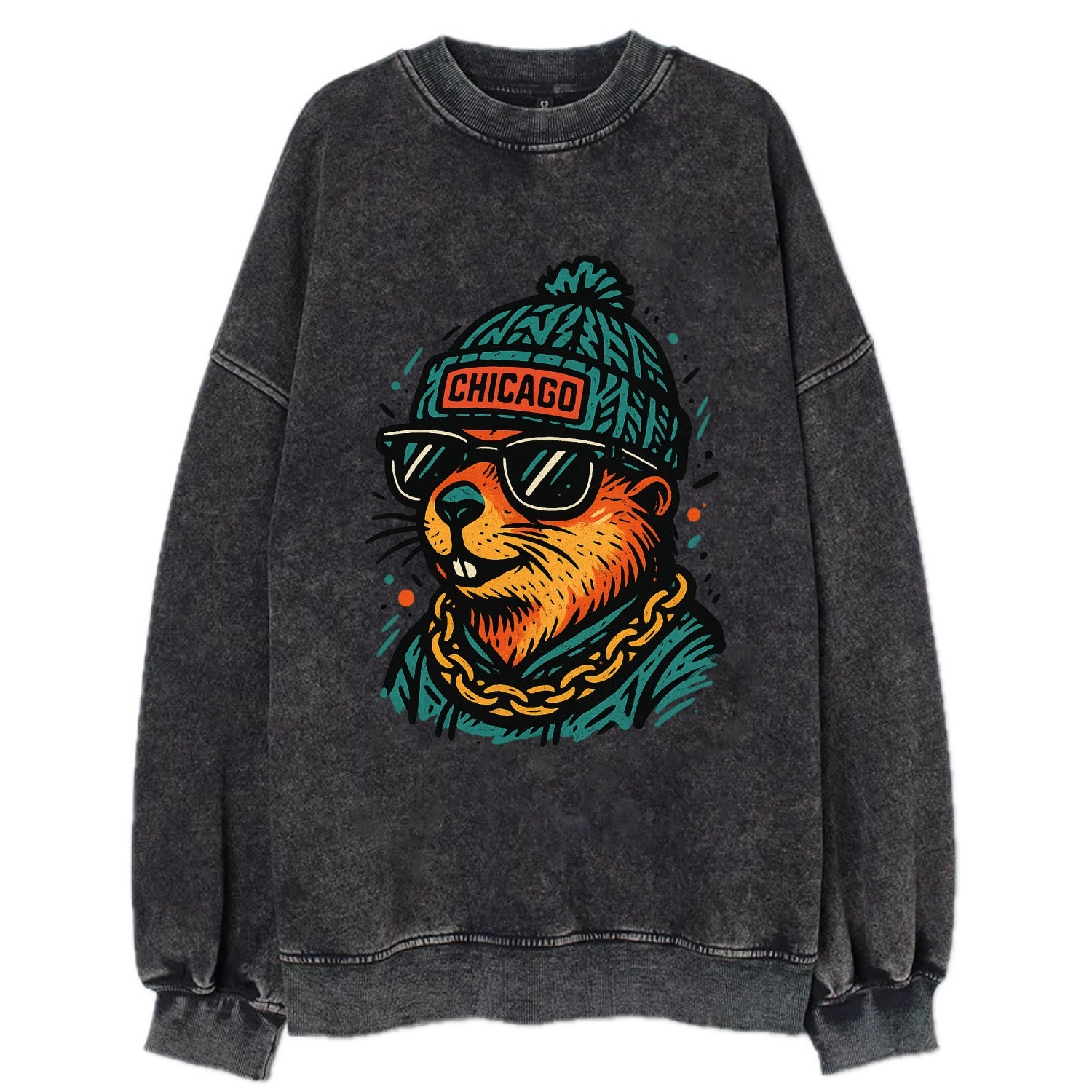 Illinois Prairie Dog wearing Chicago beanie with pom pom and wayfarer - Vintage Sweatshirt - Black